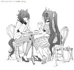 2girls absurdres agnes_tachyon_(umamusume) ahoge animal_ears blush bow bracelet chair closed_mouth crossed_legs cup daiwa_scarlet_(umamusume) dress earrings food greyscale hair_bow high_heels highres holding holding_food horse_ears horse_girl horse_tail jacket jewelry long_hair long_sleeves looking_at_another medium_hair monochrome multiple_girls nayuta_ggg open_mouth pants saucer shirt short_sleeves single_earring sitting smile table tail tail_through_clothes teacup translation_request twintails umamusume 