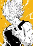  1boy absurdres commentary dragon_ball dragon_ball_z electricity evil_grin evil_smile gloves grin highres liedein majin_vegeta male_focus monochrome muscular muscular_male official_style signature smile solo spot_color super_saiyan super_saiyan_2 toriyama_akira_(style) upper_body vegeta veins 