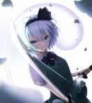  1girl absurdres bangs black_bow black_hairband blue_eyes blurry bow breasts commentary depth_of_field expressionless eyelashes falling_petals fighting_stance glint green_jacket green_skirt hair_between_eyes hair_bow hairband hand_on_hilt highres holding holding_sword holding_weapon jacket katana konpaku_youmu konpaku_youmu_(ghost) looking_at_viewer petals puffy_short_sleeves puffy_sleeves serious shirt short_hair short_sleeves sidelighting simple_background skirt sleeveless sleeveless_jacket small_breasts solo sword szl touhou v-shaped_eyebrows weapon white_background white_hair white_shirt 