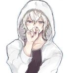  1boy black_shirt collar_x_malice grey_eyes grey_hair hood hood_up hoodie looking_at_viewer male_focus multicolored_hair okazaki_kei purple_nails shirt short_hair sketch smile solo sooooniiiii white_background white_hair white_hoodie 