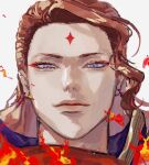  1boy black_clover commentary_request crystal_earrings earrings facial_mark fire forehead_mark fuegoleon_vermillion highres jewelry looking_at_viewer male_focus orange_hair portrait purple_eyes red_eyeliner simple_background smile solo tdgypm white_background 