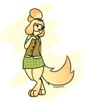  animal_crossing anthro big_tail bottomwear canid canine canis clothing digital_media_(artwork) domestic_dog eledensfw female flat_colors fur hand_on_chest hi_res isabelle_(animal_crossing) mammal minimalist nintendo shih_tzu simple_background skirt smile solo standing tail toy_dog yellow_body yellow_fur 