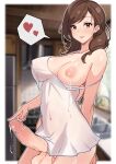  1girl absurdres apron bare_shoulders blurry blurry_background breasts brown_eyes brown_hair closed_mouth covered_navel cowboy_shot erection futanari heart highres indoors lactation large_breasts lips looking_at_viewer mature_female naked_apron nipples one_breast_out original penis precum smile solo spoken_heart testicles uncensored yoshiwo_senpai 