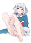  1girl animal_hood ass bangs bare_legs barefoot blue_hair blue_hoodie blue_nails blunt_bangs blush collarbone commentary_request feet foot_focus foreshortening gawr_gura grey_hair hair_ornament highres hololive hololive_english hood hoodie kahlua_(artist) knees_up legs looking_at_viewer multicolored_hair nail_polish panties pantyshot shark_girl shark_hair_ornament shark_hood sharp_teeth simple_background sleeves_past_fingers sleeves_past_wrists soles solo streaked_hair sweatdrop teeth toenail_polish toenails toes two_side_up underwear virtual_youtuber white_background white_panties 