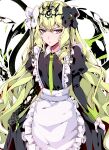  1girl absurdres aer007580 alternate_costume apron asymmetrical_gloves bangs black_bow black_dress bow collared_dress dress enmaided frilled_apron frills gloves green_gloves green_hair green_necktie hair_between_eyes hair_bow highres honkai_(series) honkai_impact_3rd juliet_sleeves long_hair long_sleeves maid mismatched_gloves mobius_(honkai_impact) necktie puffy_sleeves red_eyes solo v-shaped_eyebrows very_long_hair white_apron white_background white_bow white_gloves 