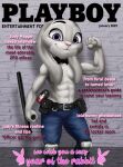  abs anthro clothed clothing club_(weapon) covering covering_breasts disney female flexing fur grey_body grey_fur hi_res judy_hopps lagomorph leporid mammal melee_weapon muscular muscular_anthro muscular_female nightstick nsfy_(artist) playboy police_uniform pose purple_eyes rabbit solo text topless uniform weapon zootopia 