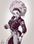  1girl 2021 afro belt brand_name_imitation breasts bulma commentary cowboy_shot derivative_work dragon_ball dragon_ball_z dragon_radar earrings english_commentary greyscale hairband hand_on_hip high-waist_pants jewelry kooj_artz large_breasts monochrome one_eye_closed open_mouth parody samsung samsung_sam sepia signature smartwatch smile solo spot_color t-mobile watch wristwatch 