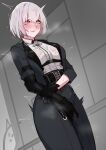  1girl absurdres ahegao belt black_belt black_gloves black_jacket black_pants black_suit blush breasts chinese_commentary clenched_teeth collared_shirt cowboy_shot drooling dutch_angle female_masturbation female_orgasm formal gloves grey_hair highres jacket lips liv_(punishing:_gray_raven) masturbation masturbation_through_clothes mechanical_arms medium_breasts multicolored_hair orgasm pants parted_lips pink_eyes punishing:_gray_raven purple_hair pussy_juice pussy_juice_stain rolling_eyes saliva shirt shirt_tucked_in short_hair single_mechanical_arm solo standing steaming_body suit sweat teeth tiankong_pie_ai trembling two-tone_hair underbust wet wet_clothes wet_shirt white_shirt wing_collar 