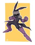  1other animal_ears black_coat black_headwear black_pants boots coat commentary_request ears_through_headwear fighting_stance full_body gloves hat highres long_sleeves master_(muu) muu_(mumumer) orange_background original other_focus outline pants purple_footwear purple_gloves rabbit_ears red_eyes solo standing two-tone_background white_background white_outline 