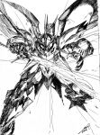  cybuster english_commentary greyscale highres holding holding_sword holding_weapon ink_(medium) looking_at_viewer mecha monochrome no_humans open_hand pillar_buster robot science_fiction sketch solo super_robot_wars super_robot_wars_original_generation sword traditional_media weapon white_background 