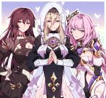  3girls :d aer007580 aponia_(honkai_impact) bangs black_gloves blonde_hair blue_eyes breasts cleavage closed_mouth dress eden_(honkai_impact) elf elysia_(honkai_impact) elysia_(miss_pink_elf)_(honkai_impact) gloves hair_ornament highres honkai_(series) honkai_impact_3rd huge_breasts large_breasts looking_at_viewer multiple_girls nun open_clothes own_hands_together pink_hair pointy_ears purple_dress purple_eyes purple_hair single_glove smile white_dress 