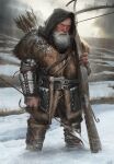  1boy beard crossbow dwarf facial_hair fur_collar grey_hair gwent_(game) highres hood looking_at_viewer non-web_source outdoors quiver snow standing the_witcher_(series) white_hair 