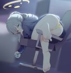  1girl ass bare_legs barefoot blue_archive chair commentary_request cross_hair_ornament drone feet from_behind green_eyes grey_hair hair_ornament halo hare_(blue_archive) highres hood hoodie medium_hair meng_yin no_pants office_chair panties pantyshot ponytail soles solo thighs toes underwear yellow_panties 