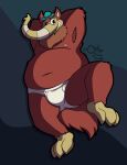 anteater_(cuphead) anthro armpit_hair barefoot belly big_belly blue_clothing blue_hat blue_headwear body_hair briefs briefs_only bulge clothed clothing cuphead_(game) detailed_background feet fur hat headgear headwear hi_res male navel nipples open_mouth otterdownunder overweight overweight_male proboscis_(anatomy) red_body red_fur signature smile solo teeth_showing tighty_whities topless trunk_(anatomy) underwear underwear_only white_briefs white_clothing white_underwear 