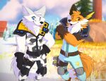  2023 absurd_res anthro arctic_fox blep blue_eyes brown_body brown_fur canid canine clothed clothing cloud crossed_arms day digital_media_(artwork) duo epic_games fennix_(fortnite) fortnite fox fully_clothed fur glistening glistening_eyes hand_on_hip hi_res leo-wolf male mammal open_mouth open_smile orange_body orange_eyes orange_fur outside plant portrait pose sky smile teeth three-quarter_portrait tongue tongue_out tree white_body white_fur winter_warrior_fennix yellow_sclera 