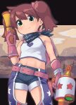  1girl bandana bangs bare_shoulders blue_shorts breasts brown_hair camisole chaps closed_mouth commentary_request crop_top gloves green_eyes hair_between_eyes highres holding letterboxed looking_at_viewer m.m midriff navel pink_gloves saru_getchu sayaka_(saru_getchu) short_shorts shorts small_breasts smile solo standing twintails white_camisole 