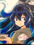  1girl bangs blue_bow blue_eyes blue_hair blush bow bowl closed_mouth dated grey_hoodie hair_between_eyes hair_bow highres holding holding_bowl hood hoodie long_hair namauni photo_(medium) shikishi short_sleeves smile solo touhou traditional_media yorigami_shion 