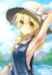 1girl absurdres alternate_costume arm_behind_head armpits bangs blonde_hair blue_overalls blue_sky blush bow braid breasts bright_pupils brown_headwear closed_mouth cloud commentary_request day hair_between_eyes hair_over_shoulder hat hat_bow highres kinese_(katasutorohu) kirisame_marisa lake long_hair looking_at_viewer mountainous_horizon outdoors overalls sideboob single_braid sky small_breasts smile solo sun_hat sweat touhou upper_body white_bow white_pupils yellow_eyes 