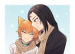  animal_ears black_hair cat_ears closed_eyes collar fire_emblem fire_emblem:_path_of_radiance fire_emblem:_radiant_dawn head_on_another&#039;s_shoulder lethe_(fire_emblem) light_blush orange_hair red_eyes scarf shared_clothes shared_scarf simple_background smile snowflakes soren_(fire_emblem) winter_clothes witchi 