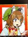  1girl animal_ears blush brown_eyes brown_hair cat_ears chen dress drooling earrings fang fingernails green_headwear hat highres jewelry long_sleeves mob_cap nail_polish namauni open_mouth photo_(medium) portrait red_dress red_nails shikishi shirt short_hair single_earring skin_fang solo sparkle touhou traditional_media white_shirt 