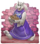  1:1 2016 anthro barefoot bovid brick_wall caprine claws clothed clothing dessert fangs feet female food fur gastropod goat holding_food holding_object holding_pie horn mammal mollusk open_mouth pie pie_(food) robe signature smile snail solo teaselbone teeth toe_claws tongue toriel undertale_(series) walking wall_(structure) wide_eyed 