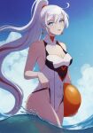  1girl ahoge ball bangs beachball blue_eyes blue_sky breasts cleavage cloud cloudy_sky covered_navel earrings highres holding holding_ball holding_beachball honkai_(series) honkai_impact_3rd jewelry kiana_kaslana kiana_kaslana_(herrscher_of_flamescion) long_hair looking_at_viewer one-piece_swimsuit outdoors ponytail sky solo swimsuit tongue tongue_out tsuume very_long_hair wading water white_hair white_one-piece_swimsuit 