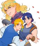  1boy 2girls 7aizagatha backpack bag blonde_hair blue_eyes blue_hair breasts dio_brando erina_pendleton evil_smile genderswap genderswap_(ftm) genderswap_(mtf) gloves hetero highres holding holding_hands jojo_no_kimyou_na_bouken jonathan_joestar long_hair looking_at_viewer midriff multiple_girls phantom_blood short_hair smile stone_mask_(jojo) sweater_vest yellow_eyes 