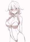  1girl @_@ absurdres ahoge alternate_costume blush breasts cowboy_shot hair_flaps highleg highleg_leotard highres kantai_collection large_breasts leotard lineart low_twintails monochrome necktie neve_(morris-minicooper) nose_blush smile solo strapless strapless_leotard taigei_(kancolle) twintails 