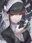  1girl bangs black_hair black_nails blunt_bangs bonnet celestia_ludenberg claw_ring collared_shirt danganronpa:_trigger_happy_havoc danganronpa_(series) drill_hair earrings frills gothic_lolita grey_background hand_up jewelry johnnyyyyy lolita_fashion long_hair looking_at_viewer nail_polish necktie red_eyes red_necktie serious shirt simple_background solo twin_drills twintails 