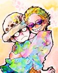  2boys aged_down black_hair blonde_hair closed_eyes constricted_pupils donquixote_doflamingo eyes_visible_through_eyewear hug looking_at_viewer male_child mawari28 multiple_boys one_piece pink_shirt shirt short_hair smile sweatdrop teeth traditional_media trafalgar_law upper_body white_headwear 