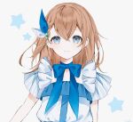  1girl arms_at_sides blouse blue_bow blue_choker blue_ribbon blue_theme bow braid brown_hair choker closed_mouth clover clover_hair_ornament diagonal-striped_bow diagonal_stripes dot_nose flat_chest grey_background grey_eyes hair_between_eyes hair_bow hair_ornament hanasato_minori highres layered_sleeves limited_palette looking_at_viewer medium_hair muted_color nirako_mona project_sekai ribbon ribbon_choker shirt short_sleeves simple_background smile solo star_(symbol) starry_background striped striped_bow striped_sleeves two-tone_bow upper_body vertical-striped_sleeves vertical_stripes white_shirt wide_sleeves 