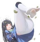  1girl animal_ears black_hair blue_archive blue_serafuku blue_skirt bright_pupils fake_animal_ears feet feet_up fuenyuan green_neckerchief highres legs_up long_hair miyu_(blue_archive) neckerchief open_mouth pantyhose rabbit_ears red_eyes sailor_collar school_uniform serafuku skirt soles two-tone_skirt white_footwear white_pantyhose white_pupils white_sailor_collar white_skirt 