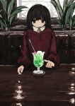  1girl bangs black_eyes black_hair cafe commentary_request cup drinking_straw highres long_sleeves melon_soda original plant red_sweater sitting soda solo sweater table uniunimikan window 