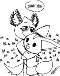  aggressive_retsuko anthro bigbeanpole blush canid canine clothed clothing dialogue duo embrace english_text fakeryway female fennec fenneko fox haida hug hyena laugh male male/female mammal monochrome sanrio spotted_hyena tail text 