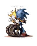  2boys animal_ears commentary english_commentary english_text fox_boy fox_ears friends furry furry_male gloves highres hug male_focus mechanical_arms multiple_boys multiple_tails nine_(sonic) rat_riot shoes simple_background sketch sonic_(series) sonic_prime sonic_the_hedgehog tail tails_(sonic) white_gloves 