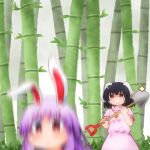  2girls :3 animal_ears bamboo bangs black_hair blush clenched_hand closed_mouth commentary_request dress falling flat_chest floppy_ears holding holding_shovel inaba_tewi matty_(zuwzi) motion_blur multiple_girls pink_dress puffy_short_sleeves puffy_sleeves purple_hair rabbit_ears rabbit_girl red_eyes reisen_udongein_inaba short_hair short_sleeves shovel smile solo_focus sparkle touhou upper_body v-shaped_eyebrows 