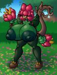  big_breasts breasts clothing elemental_creature erect_nipples eyelashes female flora_fauna flower flower_hands footwear green_body hair high_heels huge_breasts humanoid hyper hyper_breasts lips mature_female nipples outside pink_eyes pink_hair plant root_tail rose_(flower) solo sprucy tail thick_thighs thorns wide_hips 