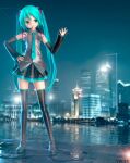  1girl 3d aqua_eyes aqua_hair artist_request blue_necktie city cityscape detached_sleeves deviantart full_body grey_shirt happy hatsune_miku looking_at_viewer mikumikudance_(medium) necktie non-web_source shirt skirt sleeveless sleeveless_shirt solo twintails vocaloid 