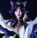  1girl ahri_(league_of_legends) animal_ears bangs black_background black_hair breasts cleavage coat facial_mark fur-trimmed_coat fur_trim gem green_eyes hair_over_one_eye hand_up highres large_breasts league_of_legends long_hair long_sleeves luzdanaee midnight_ahri parted_bangs solo whisker_markings 