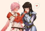  armor astrid_(fire_emblem) black_hair blue_eyes blush closed_eyes dreamsyndd fire_emblem fire_emblem:_path_of_radiance fire_emblem:_radiant_dawn gloves heart kiss marcia_(fire_emblem) open_mouth pink_hair simple_background 