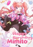  1girl ;d animal_ears bangs black_ribbon black_skirt blue_bow blush bow candy character_name denonbu food hair_ornament hairpin happy_birthday headband heart heart_lollipop highres holding holding_candy holding_food holding_lollipop hood hoodie lollipop long_hair long_sleeves looking_at_viewer met_tiger one_eye_closed open_mouth pink_eyes pink_hair pink_hoodie rabbit_ears rabbit_hair_ornament rabbit_tail ribbon sakurano_mimito shaped_lollipop skirt smile solo swirl_lollipop tail thighhighs twintails very_long_hair white_thighhighs 
