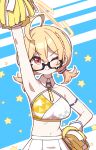  1girl ;) ahoge arm_up armpits bangs bare_shoulders black-framed_eyewear blonde_hair blue_archive braid breasts cleavage closed_mouth commentary_request hair_between_eyes hand_on_hip highres kotori_(blue_archive) kotori_(cheerleader)_(blue_archive) long_hair low_twintails medium_breasts mei_mu navel one_eye_closed pleated_skirt pom_pom_(cheerleading) red_eyes semi-rimless_eyewear skirt smile solo twintails under-rim_eyewear v-shaped_eyebrows white_skirt 