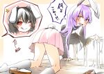  2girls absurdres all_fours animal_ears ass bangs black_hair black_jacket blush breasts bright_pupils brown_footwear commentary_request foot_out_of_frame glue glue_trap hair_between_eyes highres inaba_tewi jacket kinese_(katasutorohu) long_hair long_sleeves looking_back medium_breasts multiple_girls one_eye_closed open_mouth pink_hair pink_skirt rabbit_ears rabbit_girl rabbit_tail red_eyes reisen_udongein_inaba shoes short_hair skirt socks star_(symbol) tail touhou translation_request very_long_hair white_pupils white_socks 