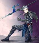  1boy armor armored_boots banner boots closed_mouth fire_emblem fire_emblem_fates green_eyes grey_hair holding holding_polearm holding_weapon light_smile looking_to_the_side oedo_nekosukiy polearm quiff silas_(fire_emblem) weapon 