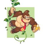  1boy animal_focus ape banana brown_fur donkey_kong donkey_kong_(series) food fruit furry furry_male gorilla holding holding_food holding_fruit leaf necktie open_mouth plant red_necktie solo swinging vergolophus vines 