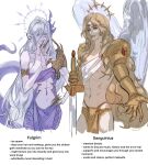  2boys androgynous angel_wings archon_of_flesh armlet armor blonde_hair blue_eyes chaos_(warhammer) character_name claws english_commentary english_text fulgrim grey_hair halo highres holding holding_sword holding_weapon imperium_of_man long_hair long_pointy_ears multiple_boys multiple_piercings navel pale_skin pointy_ears primarch purple_eyes sanguinius shoulder_armor sword tail very_long_hair warhammer_40k weapon white_background wings 