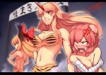  3girls anger_vein animal_print bandaged_arm bandages blonde_hair blush bow breasts bun_cover cleavage commentary_request covering covering_breasts double_bun hair_bow hair_bun hands_on_hips horn_ornament horn_ribbon horns hoshiguma_yuugi ibaraki_kasen ibuki_suika kaiza_(rider000) large_breasts long_hair multiple_girls navel open_mouth orange_eyes orange_hair pink_hair red_bow red_eyes red_horns ribbon setsubun sharp_teeth short_hair signature single_horn sweatdrop teeth tiger_print touhou upper_body 