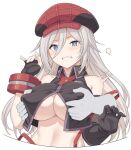  1girl alisa_ilinichina_amiella bangs bare_shoulders black_gloves blue_eyes blush breast_grab breasts cleavage clenched_teeth disembodied_limb fingerless_gloves gloves god_eater god_eater_burst grabbing grey_hair hat large_breasts long_hair looking_at_viewer shiseki_hirame simple_background solo teeth underboob vest white_background 