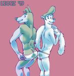  2019 5_fingers anthro ass_to_ass briefs briefs_only buddy_thunderstruck_(character) buddy_thunderstruck_(series) butt canid canine canis clothed clothing darnell_(buddy_thunderstruck) domestic_dog domestic_ferret fingers hi_res holding_tail humanoid male mammal mustelid musteline open_mouth pompadour pulling_underwear red_background redo_(artist) simple_background smile tail teeth_showing text tighty_whities topless true_musteline underwear underwear_only weasel white_briefs white_clothing white_underwear 