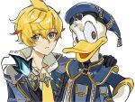  2boys :&lt; ahoge arm_around_shoulder bird black_gloves blonde_hair blue_capelet blue_eyes blue_headwear blue_jacket capelet cioccolatodorima commentary crossover donald_duck duck english_commentary genshin_impact gloves hair_between_eyes hand_on_another&#039;s_shoulder hat highres hood hood_down jacket kingdom_hearts looking_at_viewer male_focus mika_(genshin_impact) multiple_boys necktie pocket shirt short_hair simple_background smile white_background white_shirt yellow_necktie zipper 